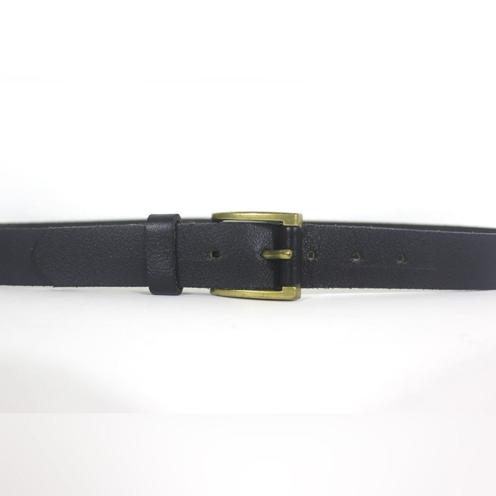 Unisex Black Leather Belt, Size Medium Large Brass and Leather Buckle Dress Belt